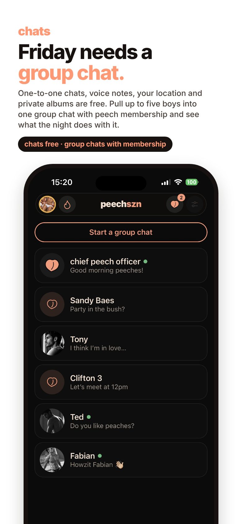 Chats — Friday needs a group chat. One-to-one chats, voice notes and private albums are free; group chats with peech membership.