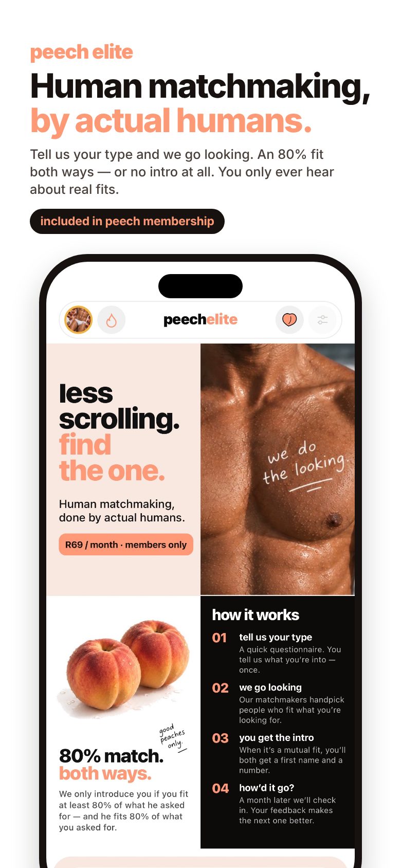 Peech elite — Human matchmaking, by actual humans. An 80% fit both ways or no intro at all. Included in peech membership.