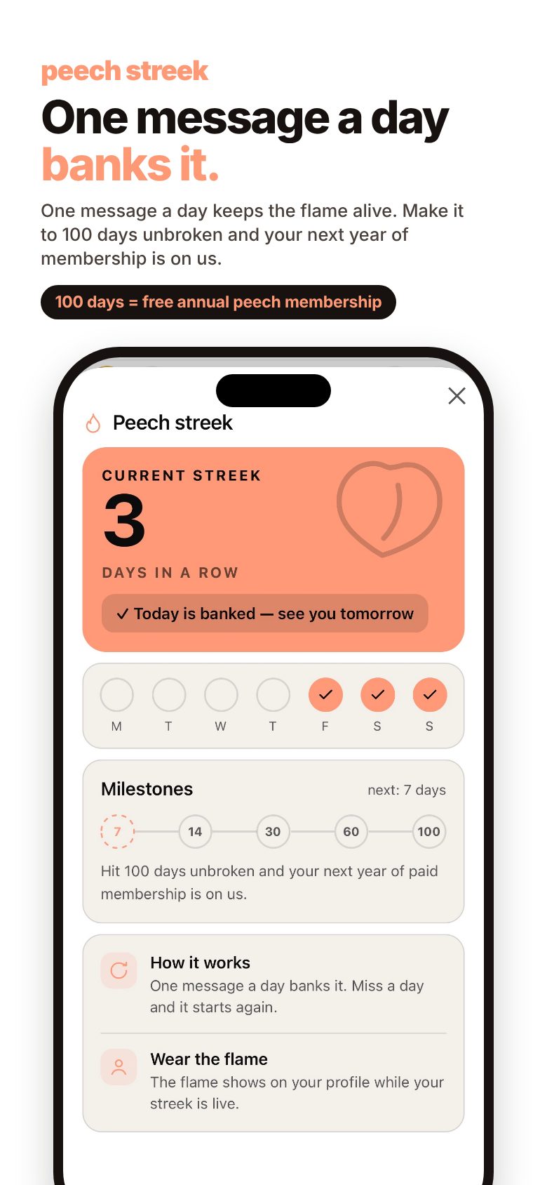 Peech streek — One message a day banks it. 100 days unbroken and your next year of membership is free.